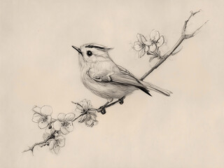 Vintage Bird Print on Flower Branch