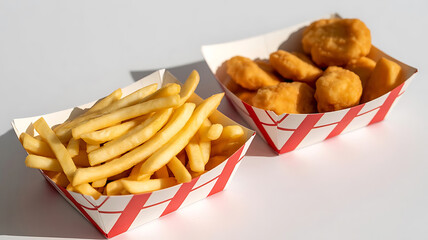 Fast Food Flat Lay, french Fries and Nuggets in Paper Boxes  on White Background Sharp, Focused View