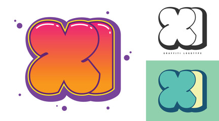 XI logo design for festival or party. Initial letter x and i in graffiti style. Creative modern lettering company name of font typography. Kids trendy logotype or identity.