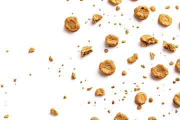 Scattered cookies on white background.  Crumbs and broken pieces