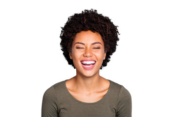 Ha-ha so funny! Portrait of funky crazy emotion cheerful expression mulatto student girl have walk...