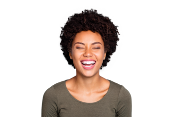 Ha-ha so funny! Portrait of funky crazy emotion cheerful expression mulatto student girl have walk with her friend listen joke enjoy laugh wear good look outfit isolated over blue color background
