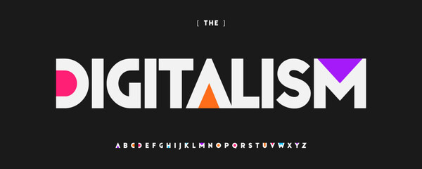 Bold Digital Font, Colorful Alphabet With Geometric Shapes and Vibrant Colors. Typeface for Tech Logo, Creative Poster Headline, Modern Branding, Eye-Catching Typographic Design. Vector Typeset
