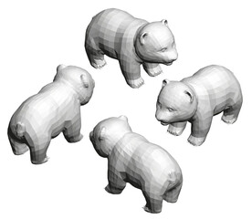Four bears are standing in a row, with their backs facing the camera. The bears are all the same size and are all facing the same direction. Isometric view. 3D © German Ovchinnikov