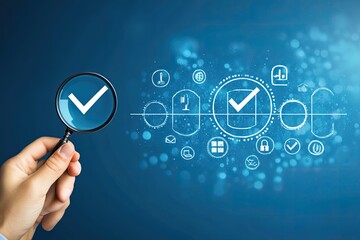Hand holding magnifying glass over digital checkmarks and icons, signifying verification and quality control in a technology environment