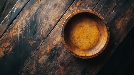 Fototapeta premium Rustic wooden background with empty clay bowl in a traditional and earthy setting