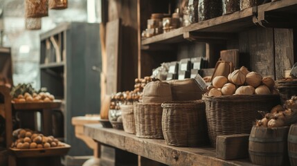 Fototapeta premium Rustic market stall with vegetables and organic produce in traditional baskets and crates