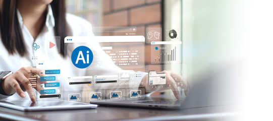 AI agent interface featuring holographic digital elements, icons, and prompts, symbolizing advanced technology and automation