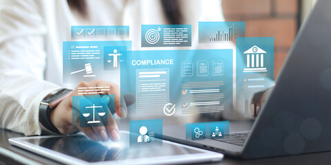 Compliance in business concept. Laws concept. Enforce laws, regulations and standards. requirements, audit diagram on virtual screen.