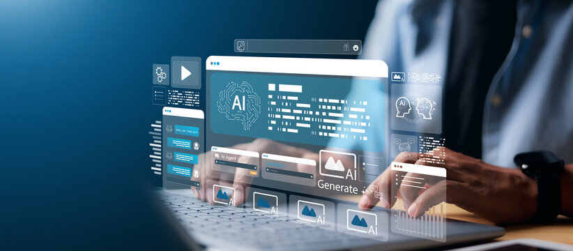 AI agent interface featuring holographic digital elements, icons, and prompts, symbolizing advanced technology and automation