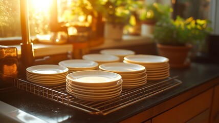 Sunlight streams into a cozy kitchen, warming clean plates stacked on a drying rack amidst greenery.