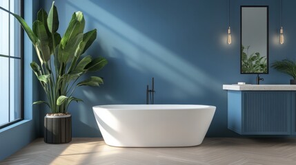 Fototapeta premium Modern bathroom interior with white bathtub and plants in blue wall background design
