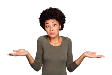 I dont care! Portrait of doubtful negative curly hair afro american girl cant choose answer solve trouble shrug shoulders hold hands hesitate wear beautiful outfit isolated blue color background