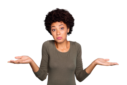 I dont care! Portrait of doubtful negative curly hair afro american girl cant choose answer solve trouble shrug shoulders hold hands hesitate wear beautiful outfit isolated blue color background