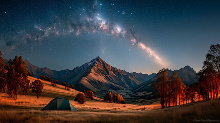 Obraz premium Sunset in the mountains with the stars – Ai generative