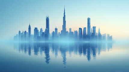 Obraz premium Serene Cityscape Reflection at Dawn with Tall Skyscrapers