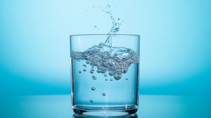 Glass of water with splash on blue background representing freshness hydration and clean health concept