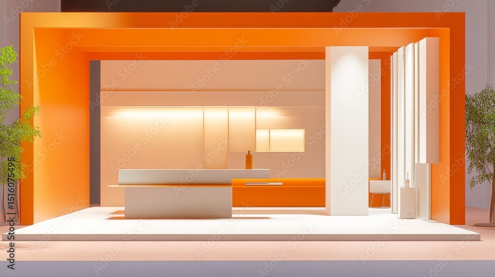 Poster interior scene of futuristic orange and white room with floating platform in abstract architecture s