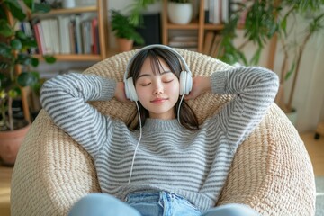 Obraz premium young Asian woman, positioned in the center of the image, is relaxing in a light beige wicker beanbag chair , wearing over-ear, white headphones, and has her arms resting on top of her head