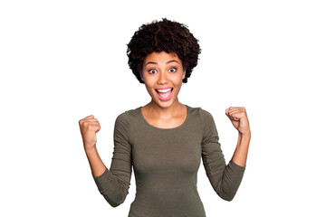 Photo of cheerful excited cute nice pretty sweet beautiful young winner screaming shouting...