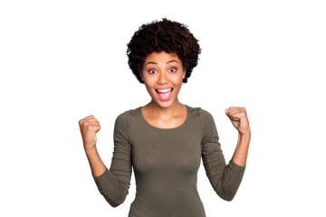 Photo of cheerful excited cute nice pretty sweet beautiful young winner screaming shouting satisfied about sales beginning isolated over blue vibrant color background