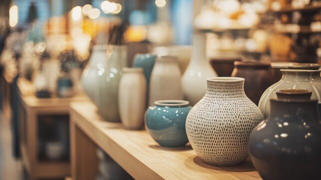 Shelf with ceramic vases and pottery in store display for artisanal home decor concept arrangement