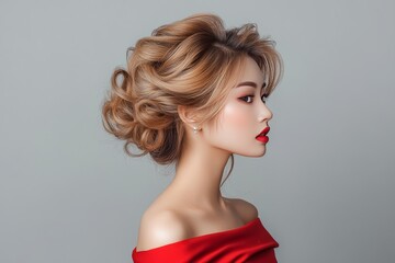 A young Asian woman with a sophisticated hairstyle. The hair is styled in a voluminous, elegant updo, with curls and waves, and is light brown