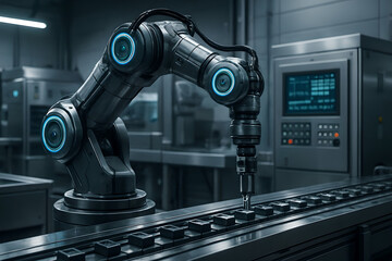 Fototapeta premium Futuristic Robotic Arm Operating in High-Tech Manufacturing Facility
