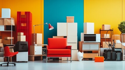 Interior design collage with furniture boxes and plants in colorful geometric composition style setup