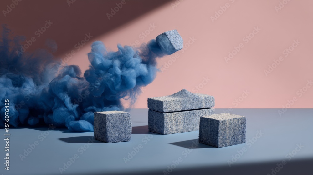 Poster smoke clouds and gray blocks on pastel background in surreal abstract scene for product rendering