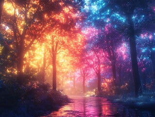 Harmonious contrasting illuminated forest landscape with colorful radiance and tranquil stream