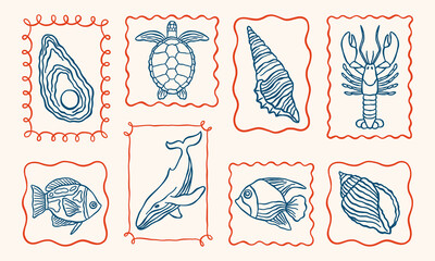 Underwater ocean creatures outline vector minimalist retro illustrations set with seashells, sea turtle, lobster, whale, fishes in whimsical frames