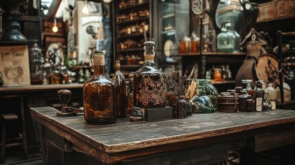 Vintage apothecary table with herbs, bottles and scales in old-fashioned science or herbal medicine setting