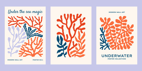Underwater ocean plants vector posters set. Minimalist retro sea print designs with seaweeds, corals, floral illustrations © ArtFM