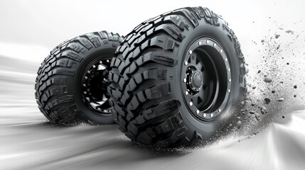 High-performance off-road tires in action over dusty terrain
