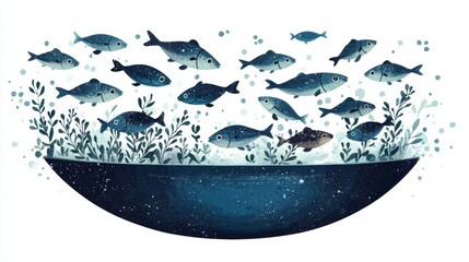 Fish Swimming in a Bowl with Green Plants and Soft Blue Background