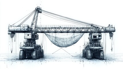 Industrial Fishing Crane Illustration with Detailed Line Art Design