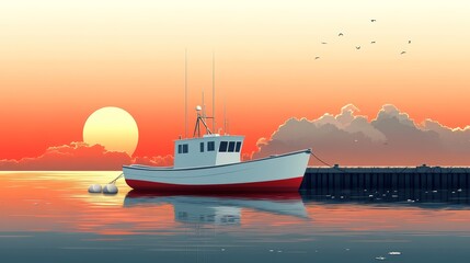 Tranquil Fishing Boat at Sunset by the Dock with Calm Waters