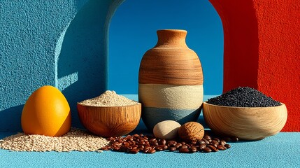 Clay pots and grains with spices on colorful background for cultural artisan cooking photography scene
