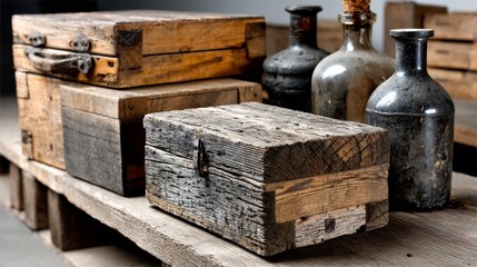 Rustic wooden boxes and antique bottles for storage vintage decor photography background warehouse concept scene