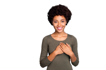 Portrait of positive peaceful calm afro american girl put her hands on chest feel good thankful wear casual lifestyle outfit isolated over blue color background