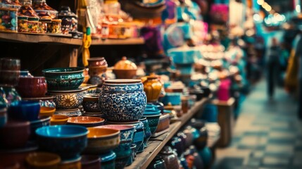 Handmade pottery display in market with colorful ceramics for artisan craft photography cultural texture decor setup