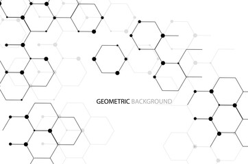 Hexagonal background with molecular structures,abstract geometric hexagon shape with connecting lines and dots