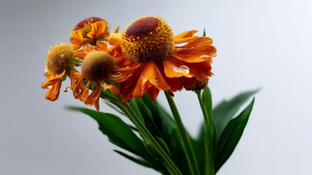Close up shot of bright orange Helenium flowers with water droplets and green stems, against a soft grey background showcasing botanical beauty.