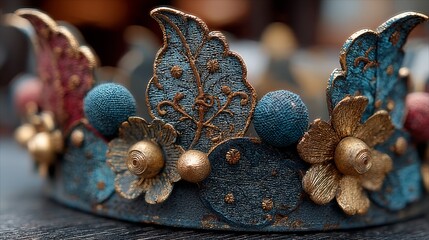 Decorative artisan crown with ornaments and fabric texture for cultural handmade royal design jewelry photography historic tradition regal craft