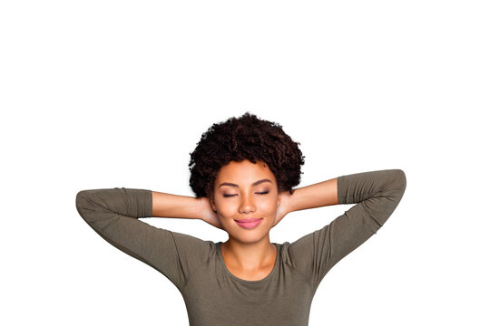 Photo of cheerful casual beautiful cute nice facinating charming black youngster enjoying her vacation sleeping much isolated over blue vivid color background