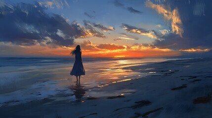 A girl standing on an empty beach at twilight