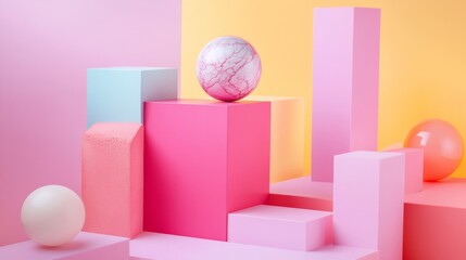 Colorful abstract 3D shapes composition on soft gradient pastel background for creative design concept modern scene digital playful