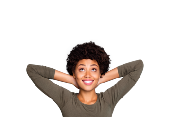 Top above high angle photo of positive cheerful  dark skin girl have weekends rest relax lying look up copyspace imagine dream wear casual style outfit isolated over blue color background