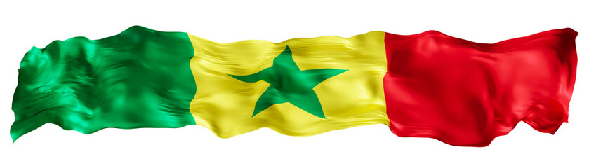 Stylized flag of Senegal waving in the wind on transparent background. Footer, header or divider. Cut out wide, panoramic element. Banner for patriotic themes or national event promotions. 3D.